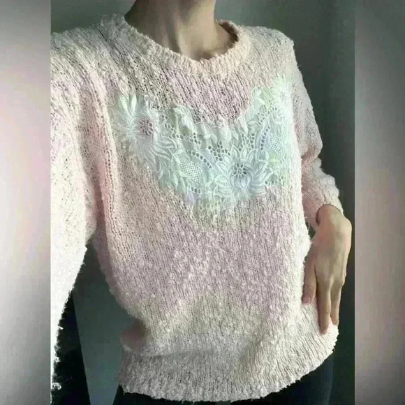 Vintage Paris Sports Club Prep Light Pink Knit Floral Embroidered Sweater Small - Picture 3 of 11